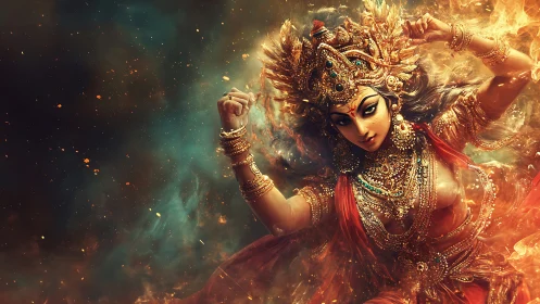 Fiery goddess dances through swirling cosmic embers tonight