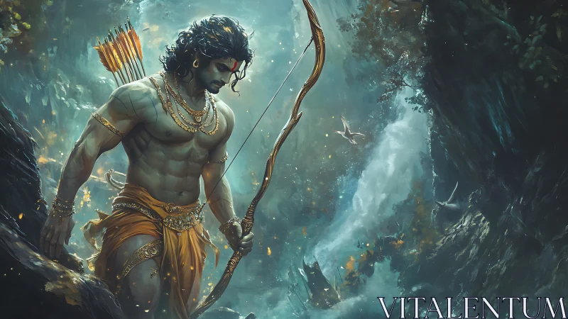 Mythic archer strides through luminous enchanted ravine.