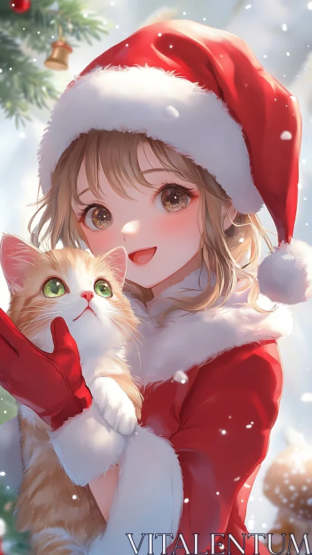 Warm holiday joy shines as a girl cuddles her Christmas cat
