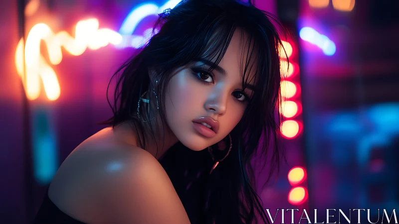 Neon-lit digital portrait with shallow depth, glossy skin rendering