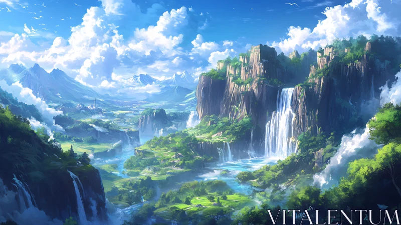 Expansive fantasy valley with towering cliffs and waterfalls.