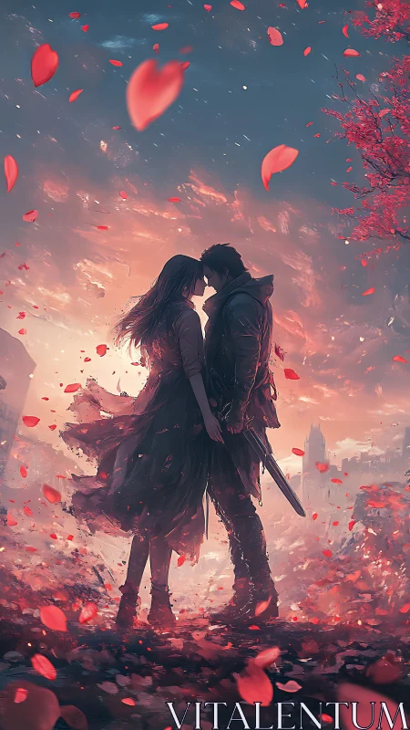 Two figures kissing amid swirling red petals and dramatic sky.