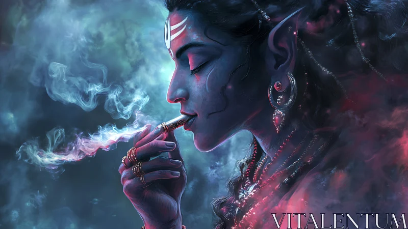 Mystic blue goddess exhaling jeweled smoke in profile view.