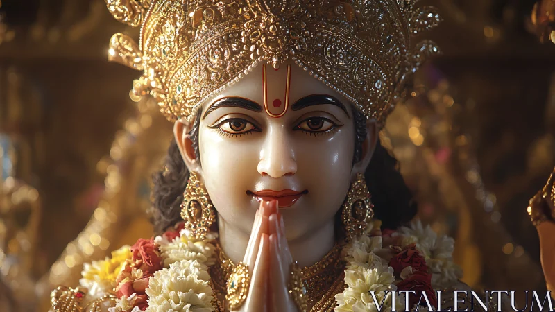 Hindu deity statue in ornate crown with folded hands.