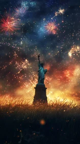 Statue of Liberty under explosive celestial fireworks sky