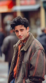 Photorealistic urban portrait with shallow depth of field focus.