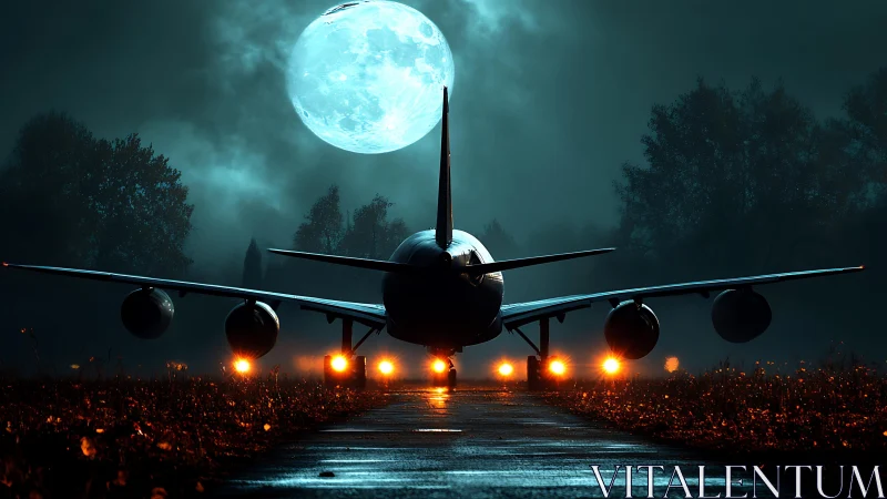 Passenger jet on wet runway aligned with full moon at night.