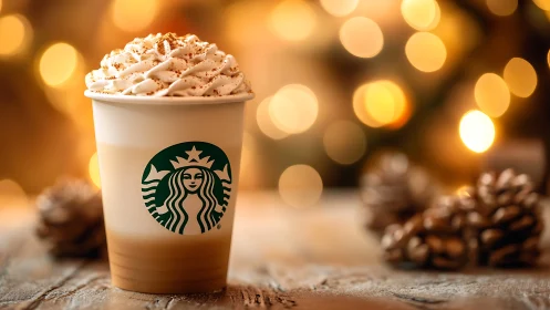 Starbucks holiday latte with whipped cream in warm lights.
