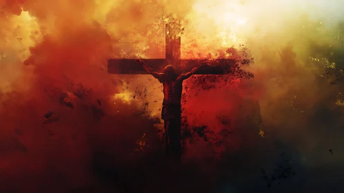 Crucifix silhouette dissolving in fiery atmospheric haze.