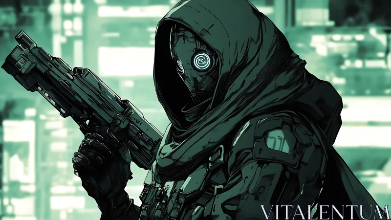 Cloaked cybernetic sniper in teal urban glowscape.