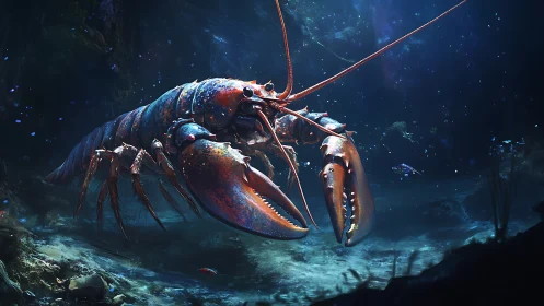 Majestic deep sea lobster roams a glowing underwater world
