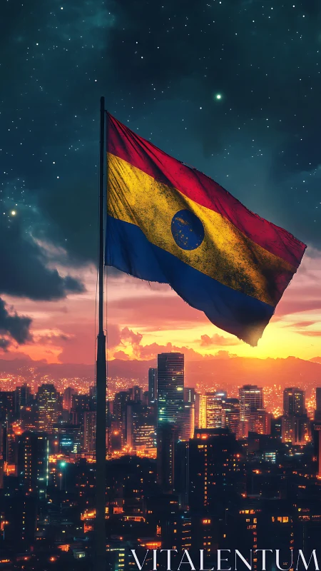 Cinematic digital flag over illuminated futuristic skyline at dusk.