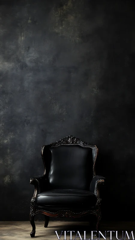 High-back black leather baroque armchair in moody studio