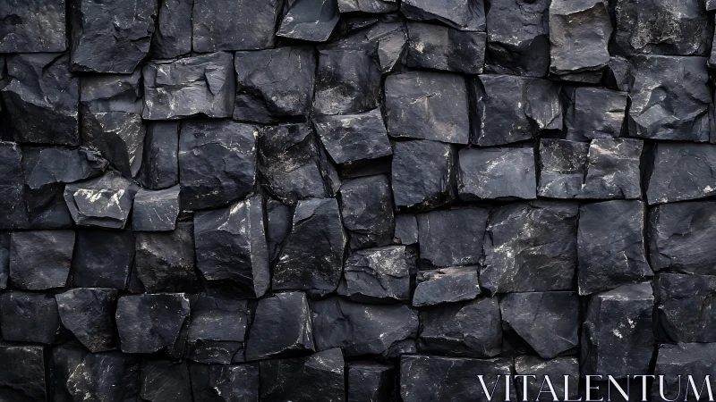 Close-up basalt masonry wall with rough fractured stone texture