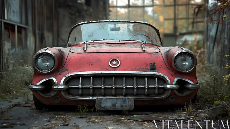 Weathered red classic car resting in a forgotten doorway.