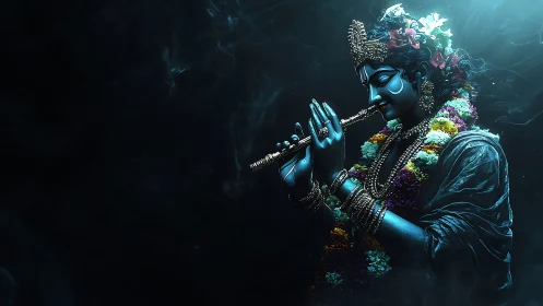Divine blue musician plays flute amid ethereal dark mist.