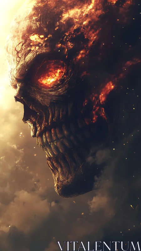 Gigantic burning skull emerging from dense atmospheric clouds.