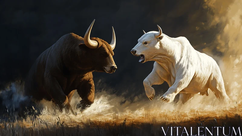 Dynamic digital painting of charging horned bears in conflict