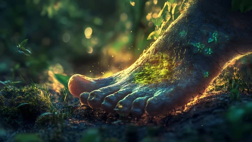 Giant glowing foot in forest floor with bioluminescent moss.
