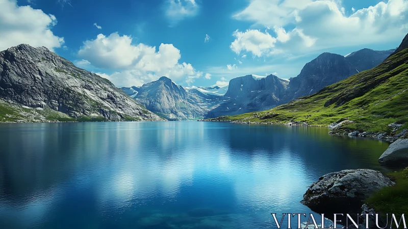 Mountain lake reflects rugged cliffs beneath vivid skies.