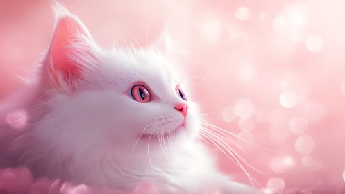 Luminous White Cat with Pink Eyes in Ethereal Dreamscape Setting.