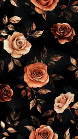 Copper Rose Floral Pattern on Black Background