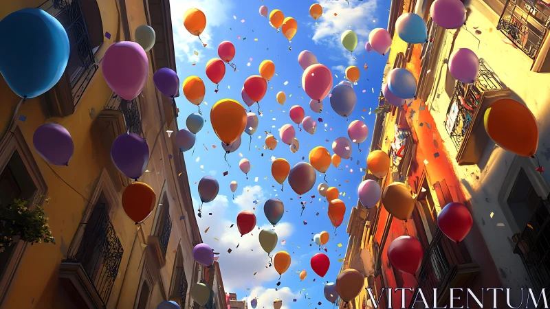 Color-saturated balloons ascend between sunlit facades