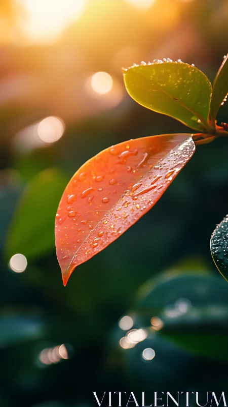 Dewlit orange leaf catches sunrise against soft bokeh glow.