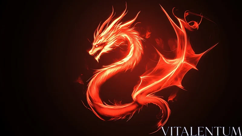 Fiery neon dragon coils in darkness with electric intensity