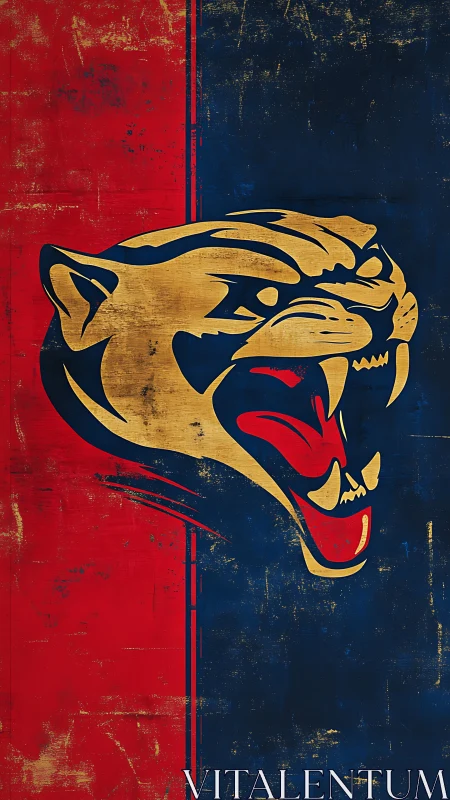 Roaring golden panther on split scarlet and midnight field.