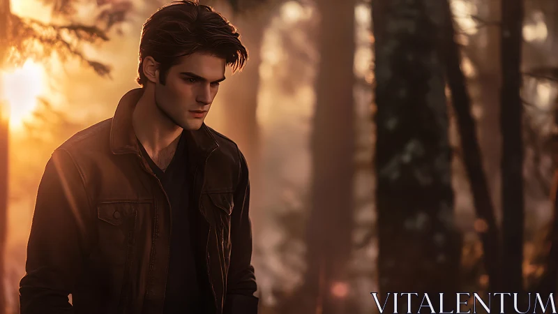 Brooding young man walks through sunlit autumn forest.