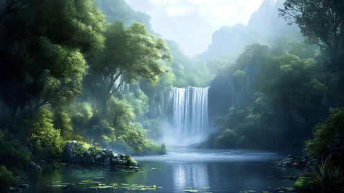 Misty Waterfall Gorge with Cascading Water Through Ancient Forest Canopy.