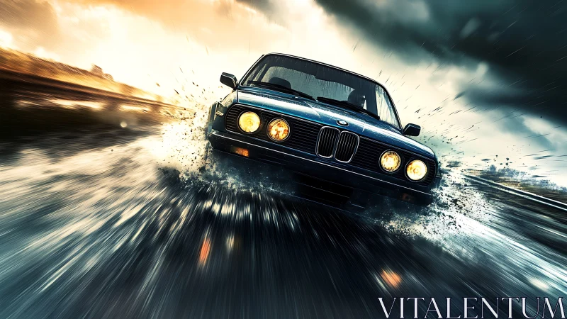 Rain-soaked road sends a classic car charging through storm light