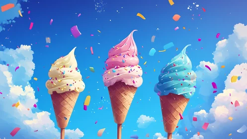 Colorful ice cream cones against bright summer sky.
