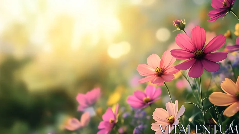 Cosmos Flowers Dance in Golden Hour Reverie.