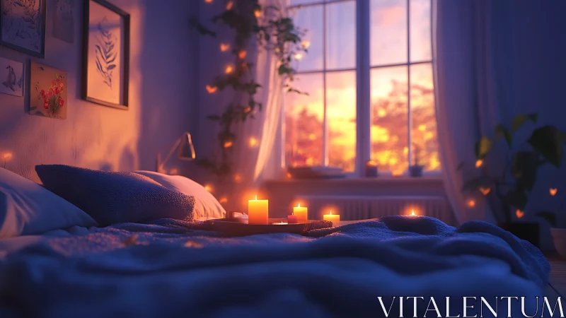 Bedroom interior shows candles on bed before sunset window