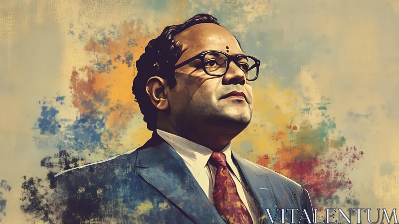 Stoic leader in suit crowned by splashes of sunset color.