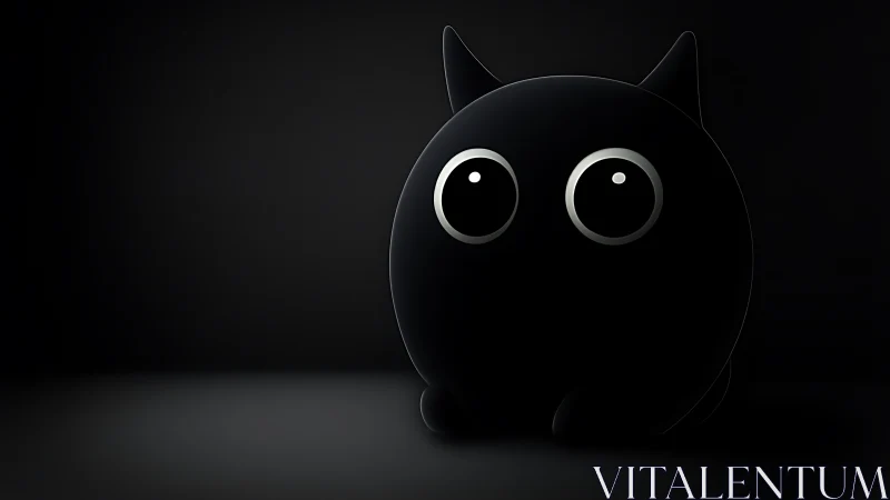Minimalist black cat orb with glossy eyes in darkness.
