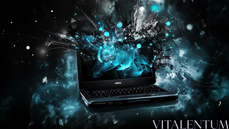 Explosive teal energy emerging from Dell multimedia laptop display.