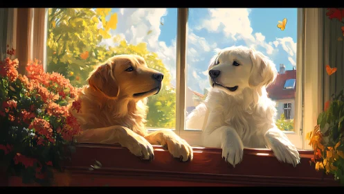 Two retriever dogs at sunlit window with garden view.