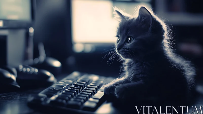 Black Kitten at Computer Desk with Soft Rim Lighting