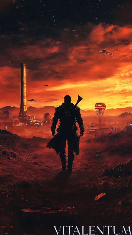Lone armed wanderer crosses red wasteland toward city.