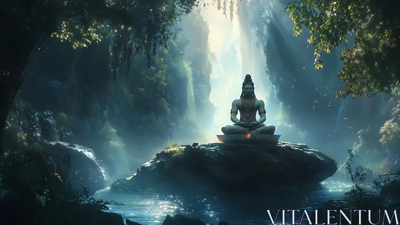 Serene deity statue meditates on a forest waterfall altar