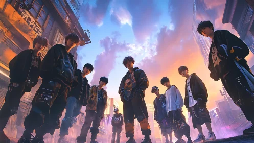 Urban youth collective stands in low-angle neon dusk environment