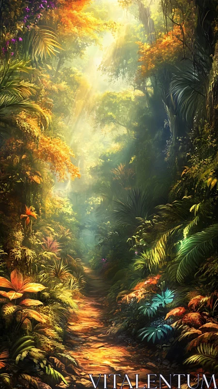 Luminescent Canopy Portal: Volumetric Light Through Tropical Foliage.