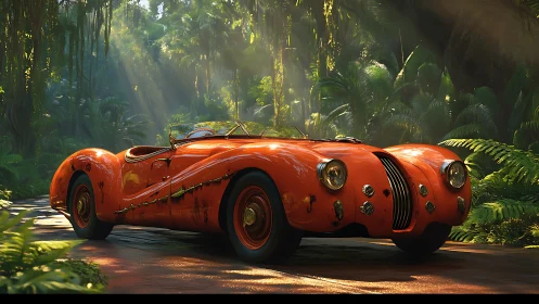 Vintage orange roadster glows under cinematic jungle light