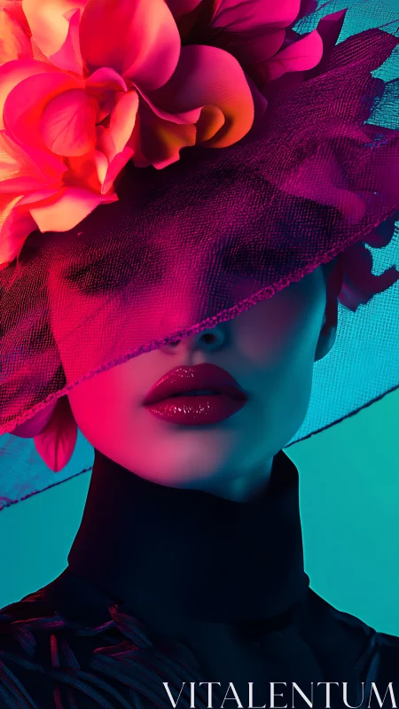 Neon-lit portrait with floral fascinator and sculpted color fields.