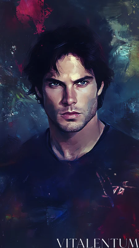 Intense male portrait emerges from moody abstract colors.