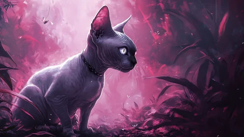 Ethereal Black Feline with Luminescent Eyes in Magenta Fog