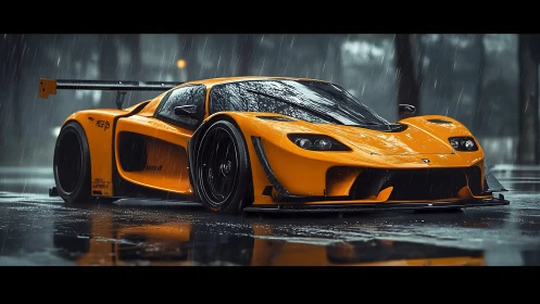 Orange race car waits in dramatic rain-soaked city street.